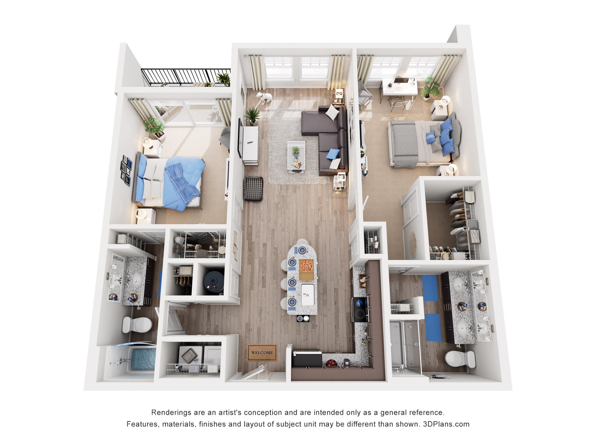 Floor plan for 2 beds, 2 baths, 1133 sqft